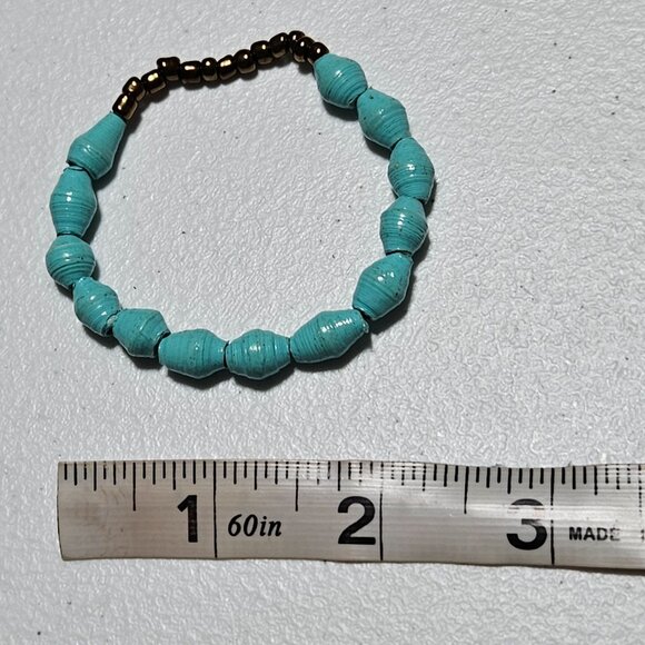 Handcrafted Paper Turquoise Gold Bead Elastic Bracelet Eco Friendly Recycled - Picture 4 of 4
